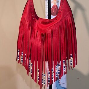 Red Fringe Beaded Boho Shoulder Bag – Western Vibes, Stud Detail